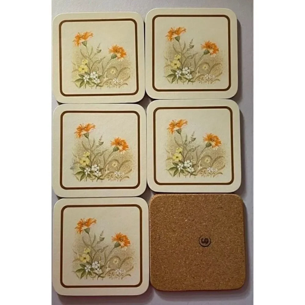 Vintage mid century modern 4 x 4, floral, cork, backing coasters